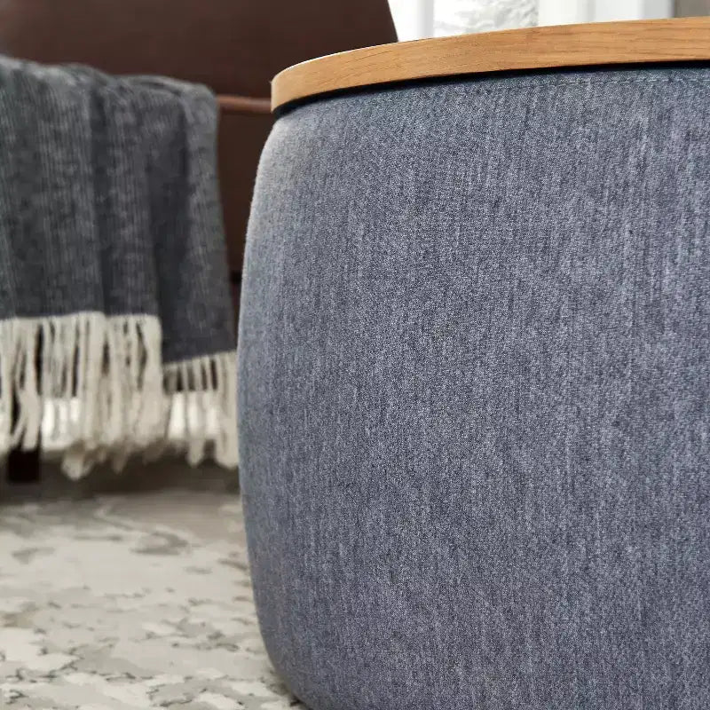 Pouf de rangement rond en tissu et bois de 25,5 po