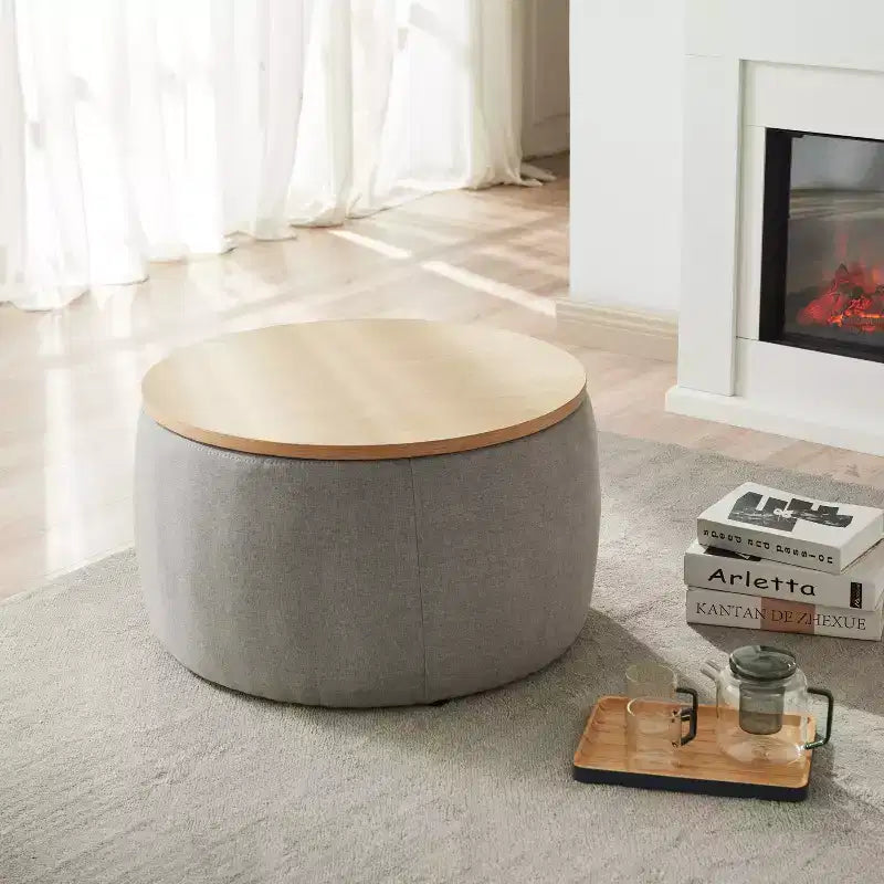Pouf de rangement rond en tissu et bois de 25,5 po