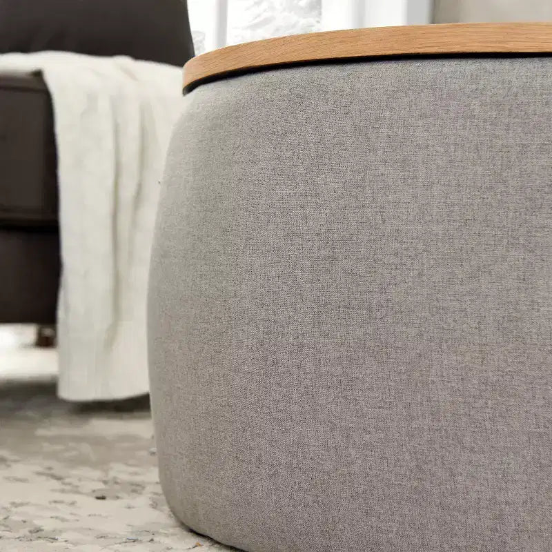 Pouf de rangement rond en tissu et bois de 25,5 po