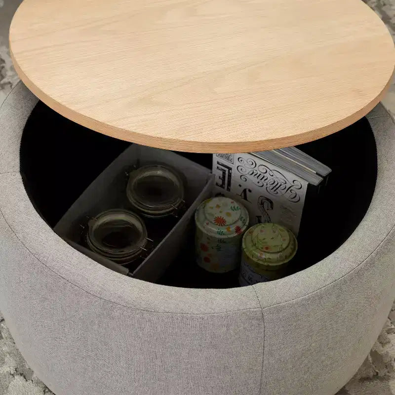 Pouf de rangement rond en tissu et bois de 25,5 po