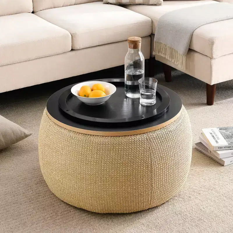 Pouf de rangement rond en tissu et bois de 25,5 po