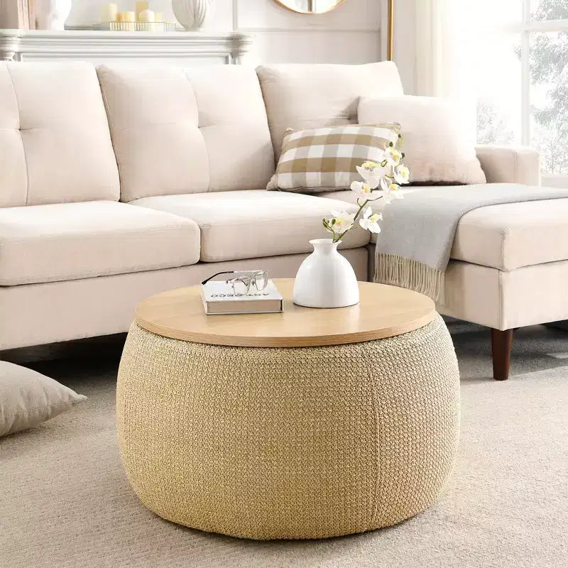 Pouf de rangement rond en tissu et bois de 25,5 po