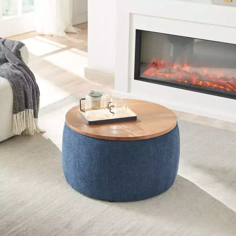 Pouf de rangement rond en tissu et bois de 25,5 po