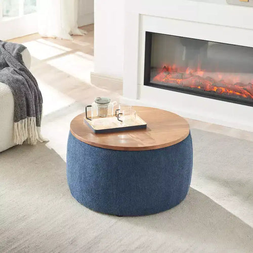 Pouf de rangement rond en tissu et bois de 25,5 po