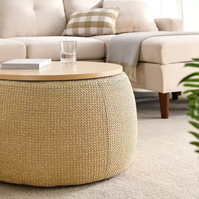 Pouf de rangement rond en tissu et bois de 25,5 po