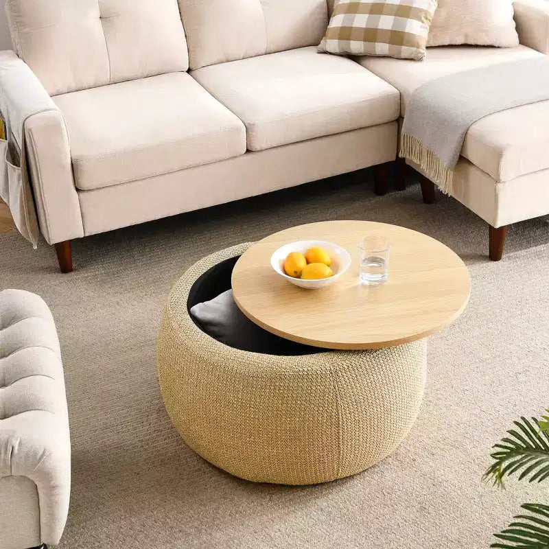 Pouf de rangement rond en tissu et bois de 25,5 po