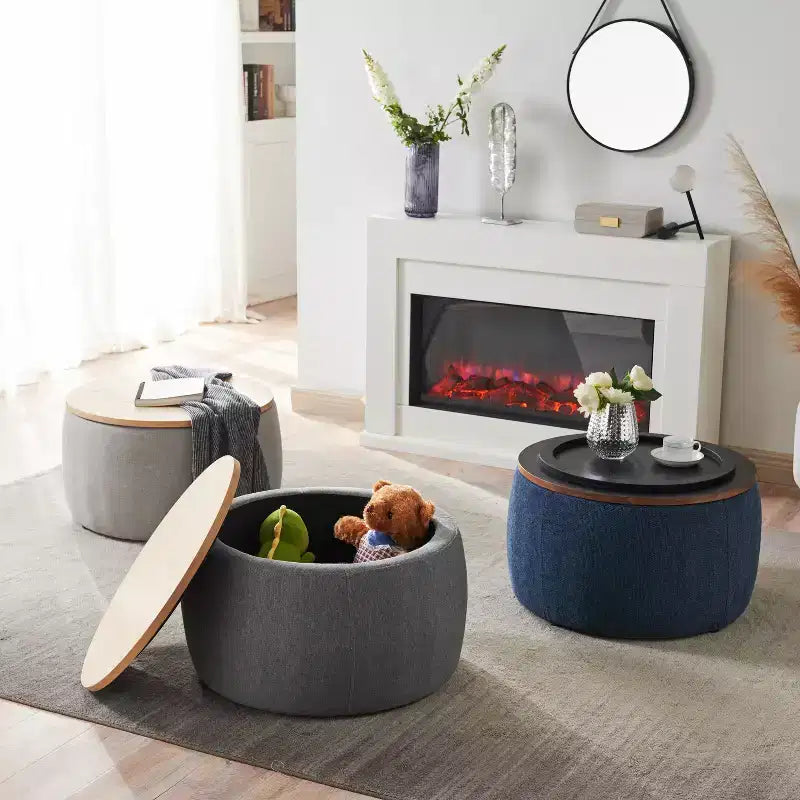 Pouf de rangement rond en tissu et bois de 25,5 po