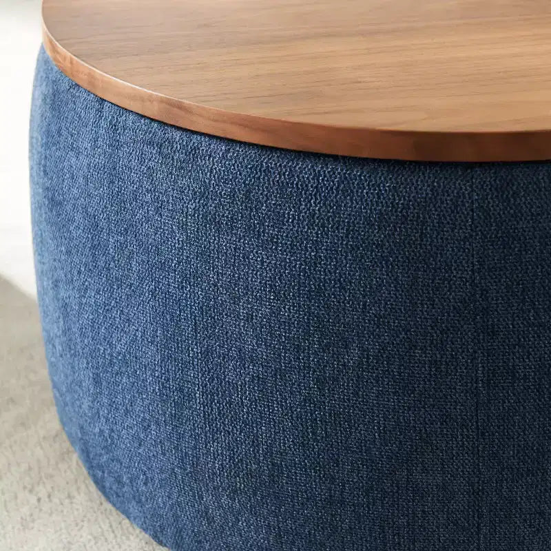 Pouf de rangement rond en tissu et bois de 25,5 po