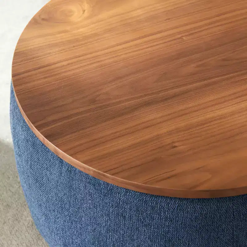Pouf de rangement rond en tissu et bois de 25,5 po