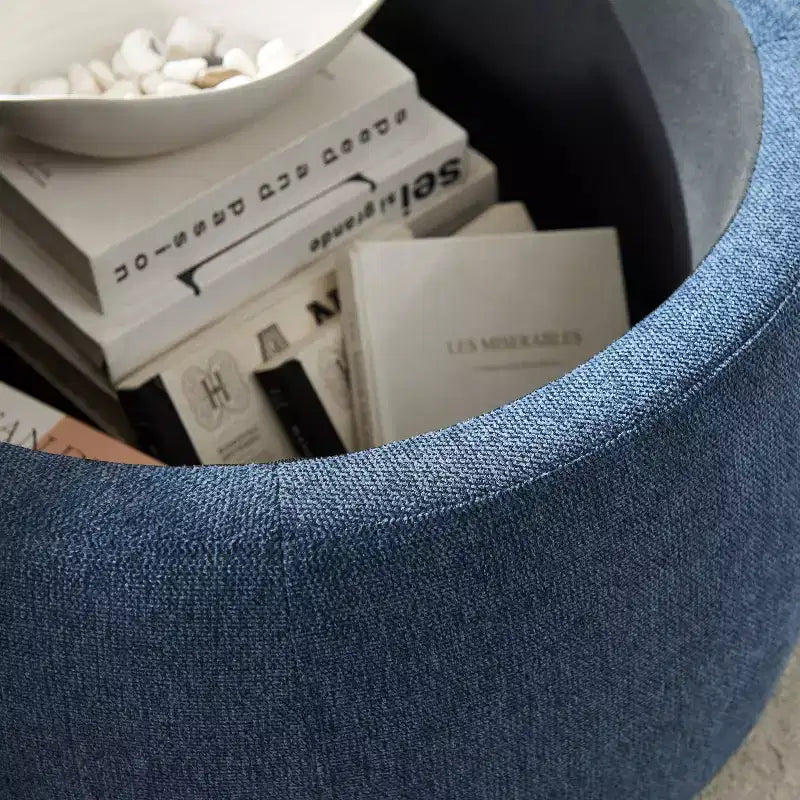 Pouf de rangement rond en tissu et bois de 25,5 po