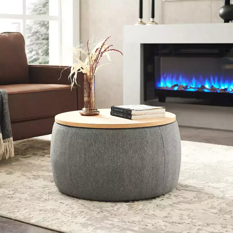 Pouf de rangement rond en tissu et bois de 25,5 po