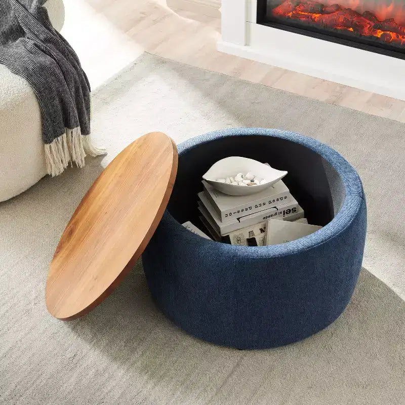 GDFStudio Michaelia 25.5 Round Upholstery and Wood Storage Ottoman