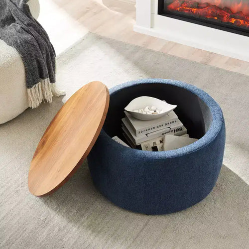 GDFStudio Michaelia 25.5 Round Upholstery and Wood Storage Ottoman