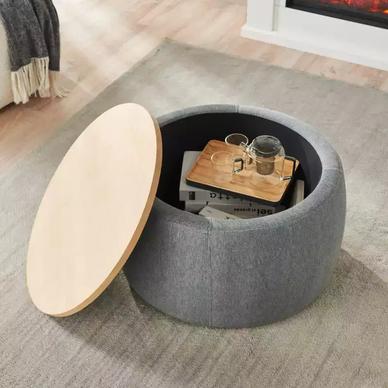 Pouf de rangement rond en tissu et bois de 25,5 po