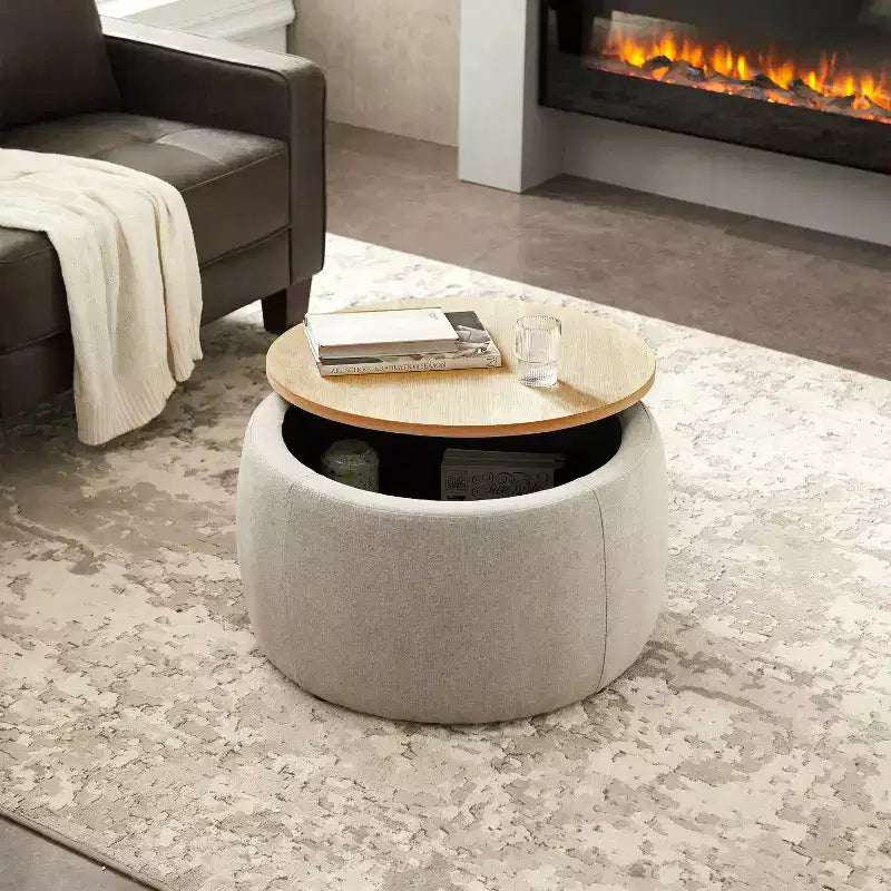 Pouf de rangement rond en tissu et bois de 25,5 po