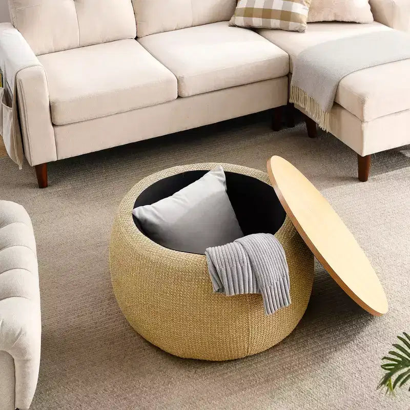 Pouf de rangement rond en tissu et bois de 25,5 po