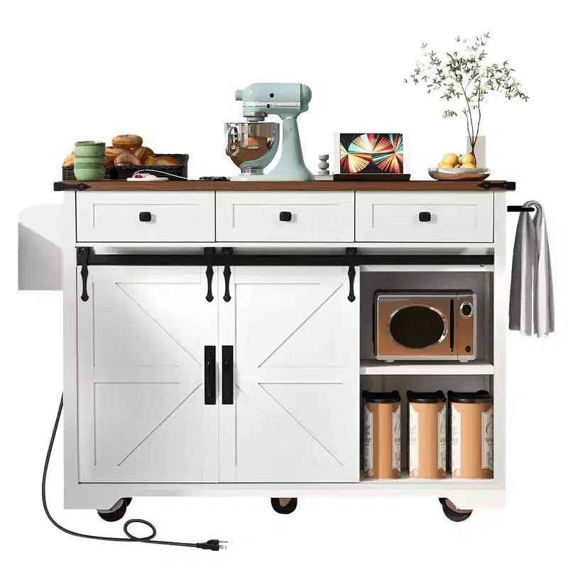 Îlot de cuisine sur roulettes avec abattant, rangements, portes coulissantes de style grange et roulettes