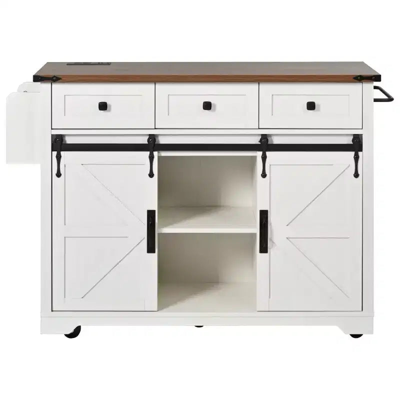 Îlot de cuisine sur roulettes avec abattant, rangements, portes coulissantes de style grange et roulettes