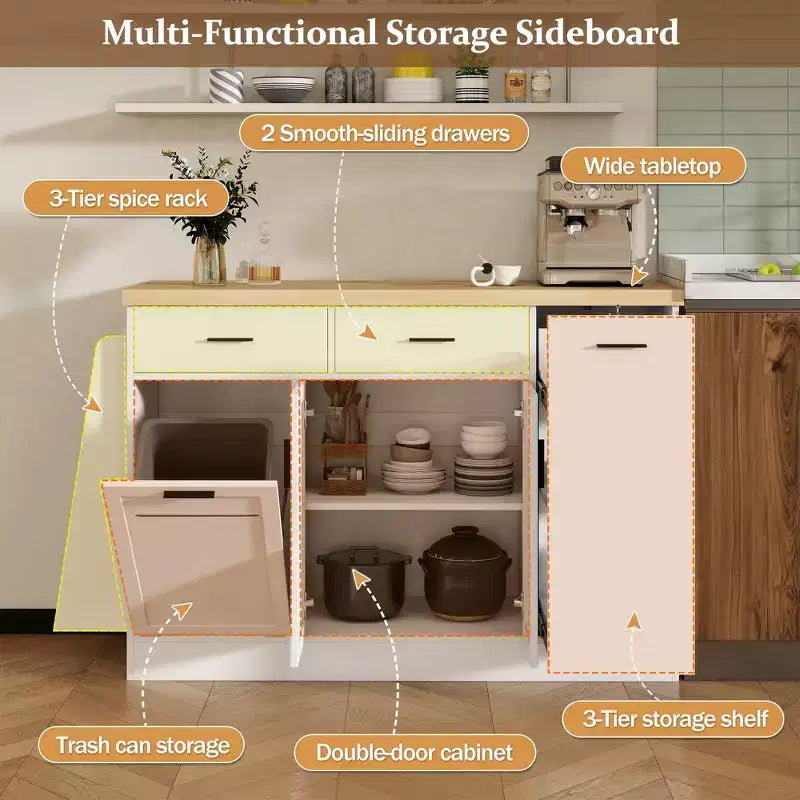 Bahut de rangement multifonctionnel avec meuble poubelle caché