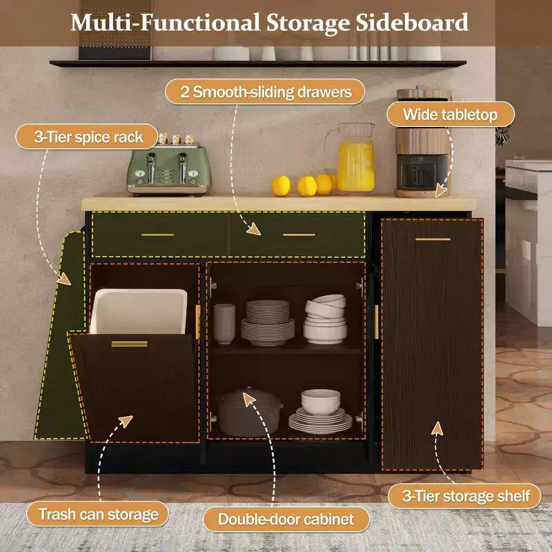 Bahut de rangement multifonctionnel avec meuble poubelle caché