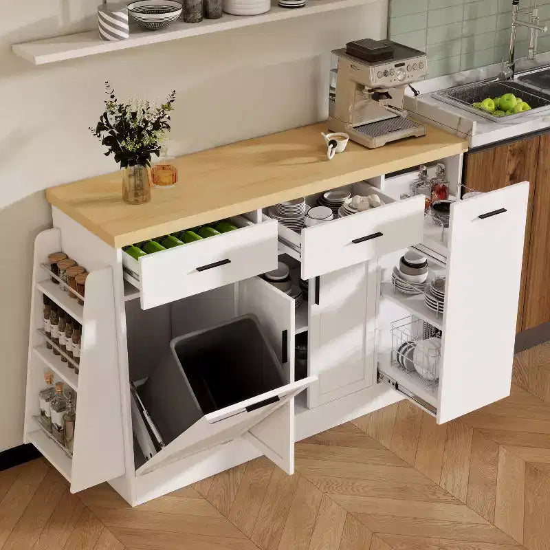 Bahut de rangement multifonctionnel avec meuble poubelle caché