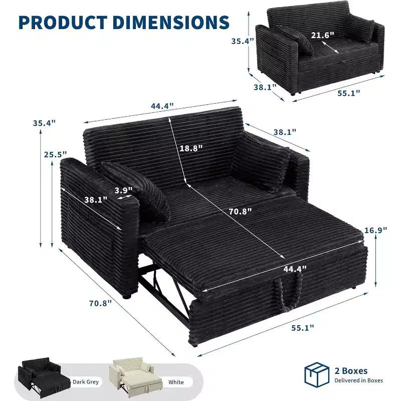Canapé-lit 2 places en velours côtelé 122 cm, dossier réglable avec station de charge et poches latérales, canapé convertible pour salon, chambre, appartement