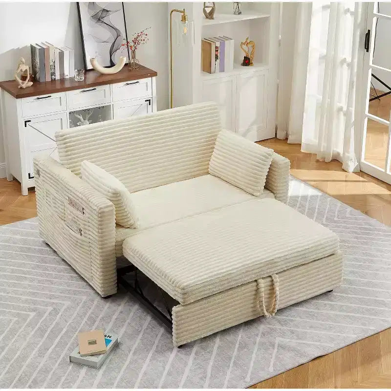 Canapé-lit 2 places en velours côtelé 122 cm, dossier réglable avec station de charge et poches latérales, canapé convertible pour salon, chambre, appartement