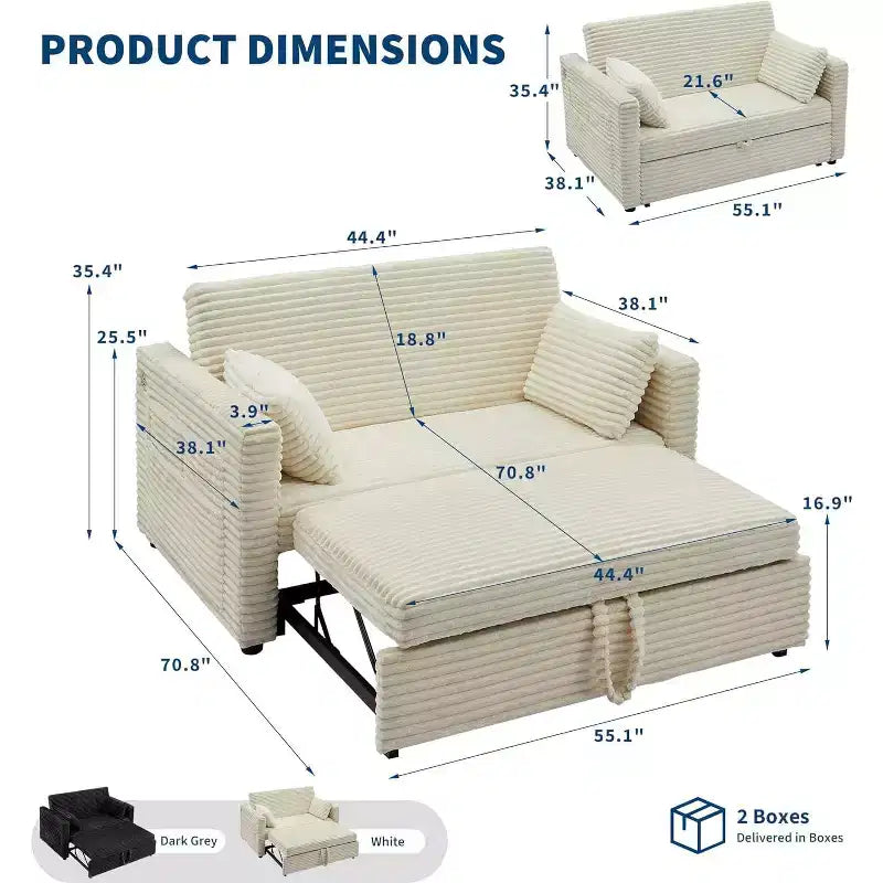 Canapé-lit 2 places en velours côtelé 122 cm, dossier réglable avec station de charge et poches latérales, canapé convertible pour salon, chambre, appartement