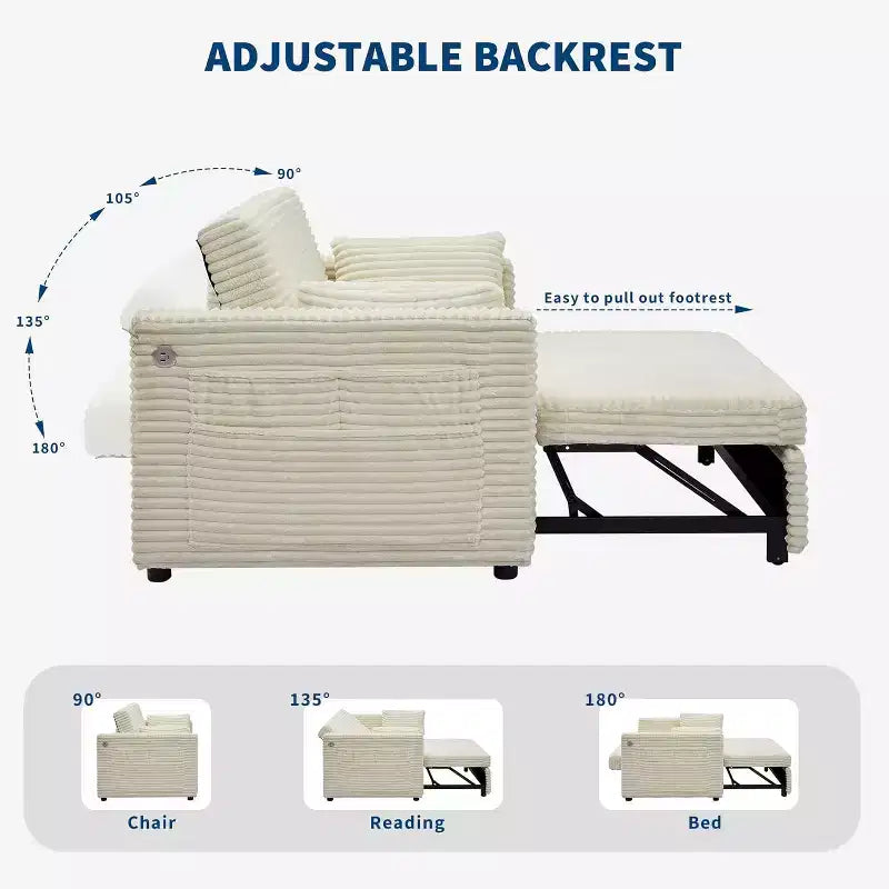 Canapé-lit 2 places en velours côtelé 122 cm, dossier réglable avec station de charge et poches latérales, canapé convertible pour salon, chambre, appartement