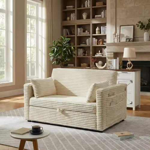 48'' Corduroy Loveseat Sleeper Sofa Bed, Adjustable Backrest with Charging Station &amp; Side Pockets, Pull Out Couch for Living Room Bedroom Apartment