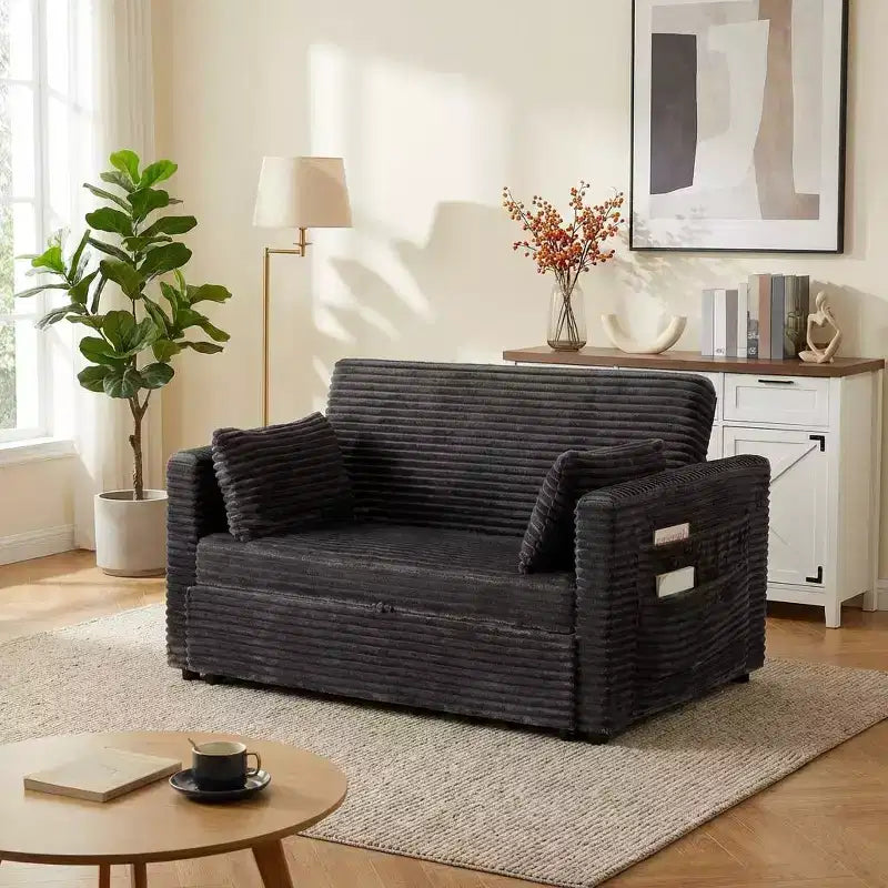 Canapé-lit 2 places en velours côtelé 122 cm, dossier réglable avec station de charge et poches latérales, canapé convertible pour salon, chambre, appartement