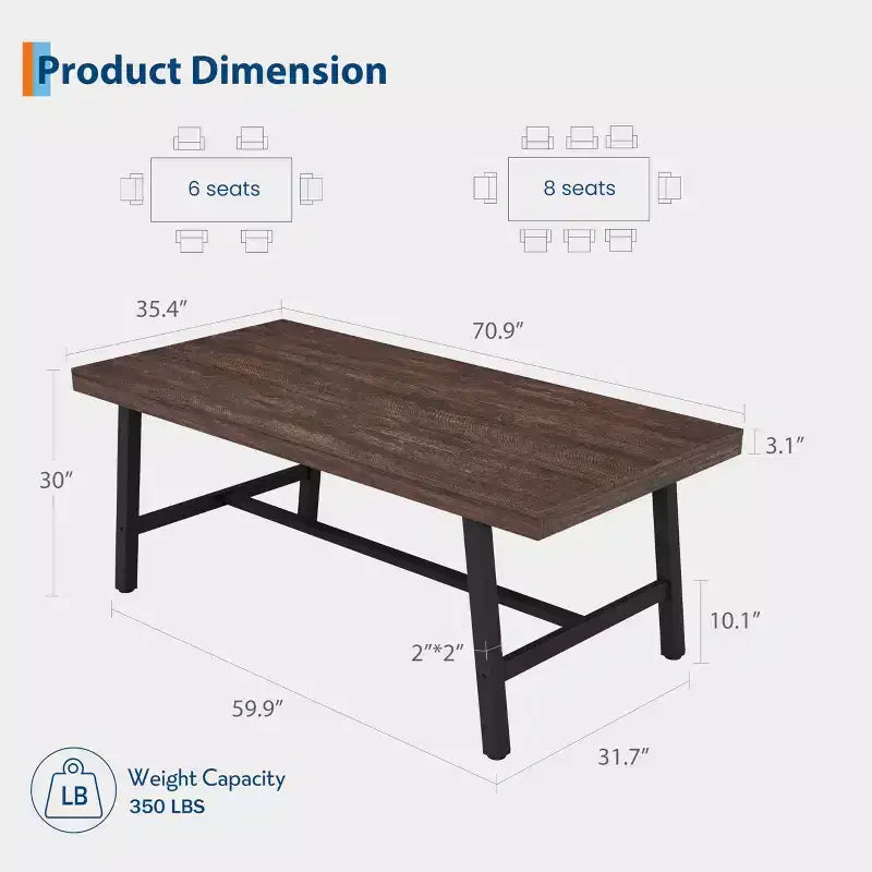 Table à manger industrielle pour 6-8 personnes, longue table en bois de 180 cm, sièges rectangulaires pour le dîner, la cuisine, la salle à manger