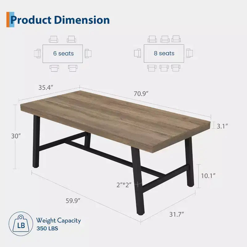 Table à manger industrielle pour 6-8 personnes, longue table en bois de 180 cm, sièges rectangulaires pour le dîner, la cuisine, la salle à manger