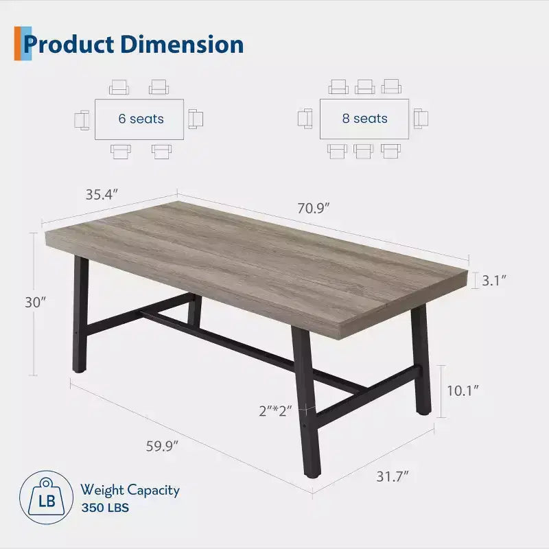Table à manger industrielle pour 6-8 personnes, longue table en bois de 180 cm, sièges rectangulaires pour le dîner, la cuisine, la salle à manger