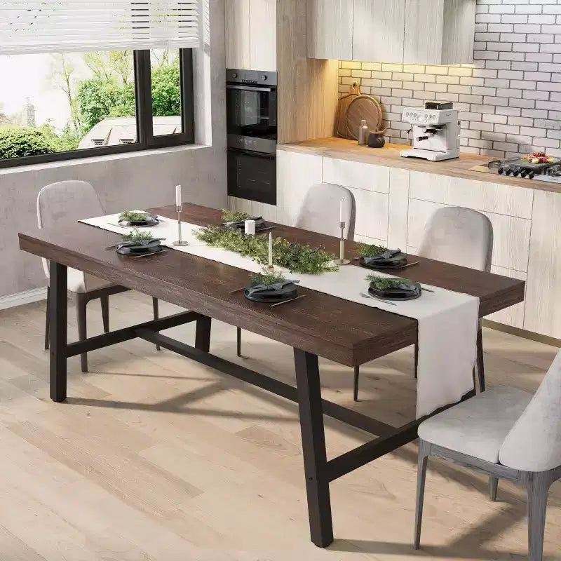 Table à manger industrielle pour 6-8 personnes, longue table en bois de 180 cm, sièges rectangulaires pour le dîner, la cuisine, la salle à manger