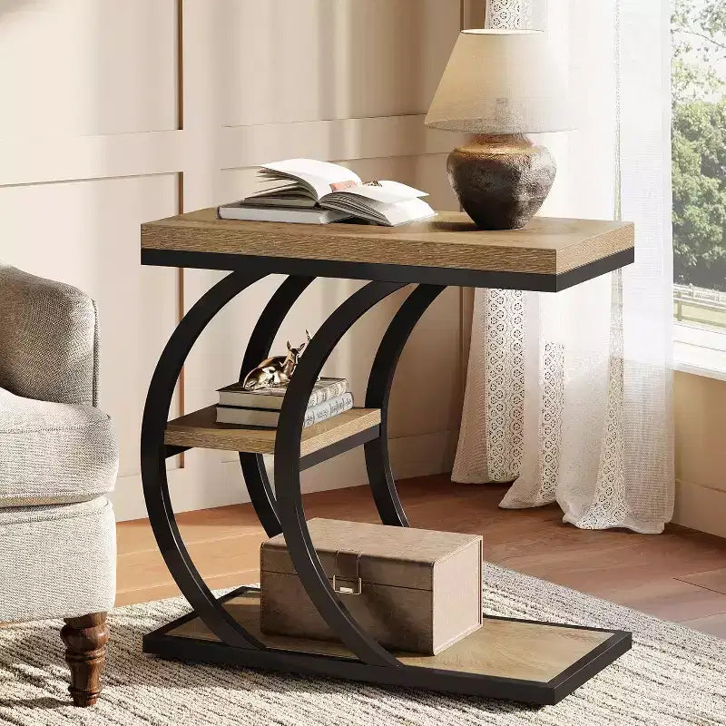 Table d'appoint de salon, table de canapé étroite en bois à 3 niveaux en forme de C avec rangement pour petits espaces, marron