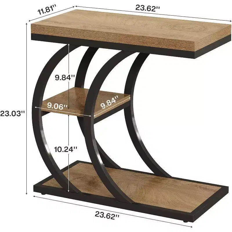 Table d'appoint de salon, table de canapé étroite en bois à 3 niveaux en forme de C avec rangement pour petits espaces, marron