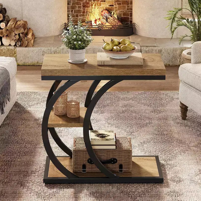 Table d'appoint de salon, table de canapé étroite en bois à 3 niveaux en forme de C avec rangement pour petits espaces, marron