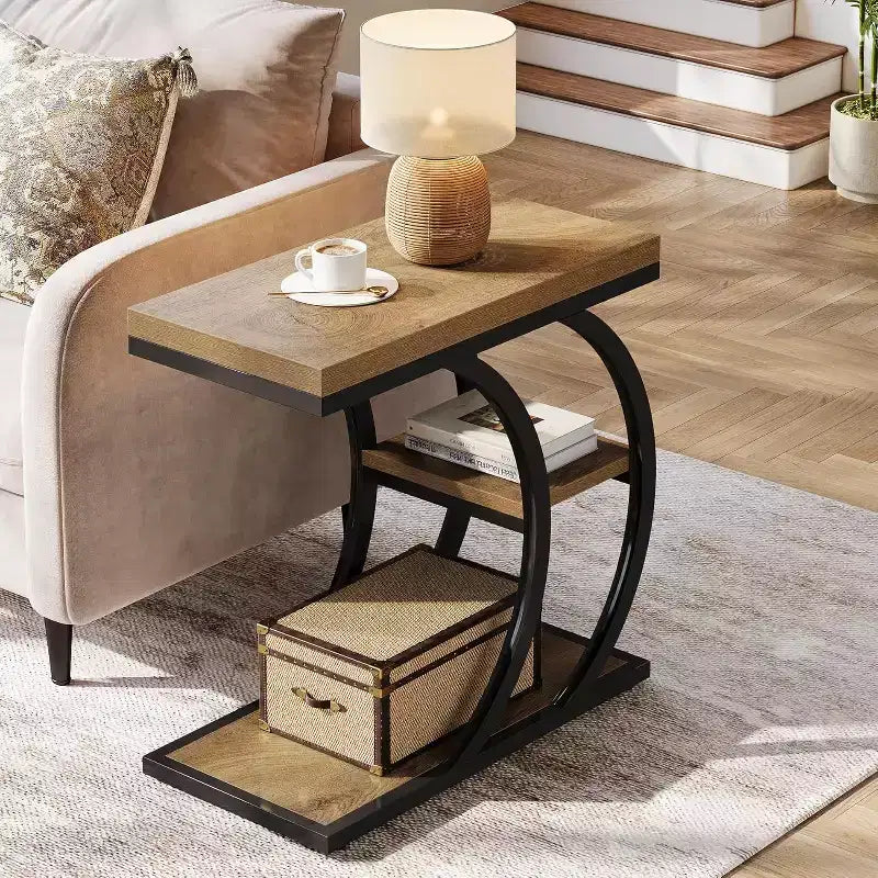 Table d'appoint de salon, table de canapé étroite en bois à 3 niveaux en forme de C avec rangement pour petits espaces, marron