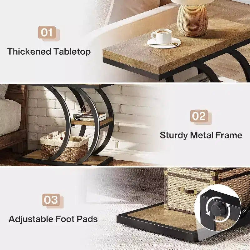 Table d'appoint de salon, table de canapé étroite en bois à 3 niveaux en forme de C avec rangement pour petits espaces, marron