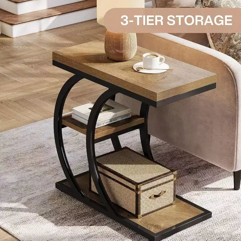 Table d'appoint de salon, table de canapé étroite en bois à 3 niveaux en forme de C avec rangement pour petits espaces, marron