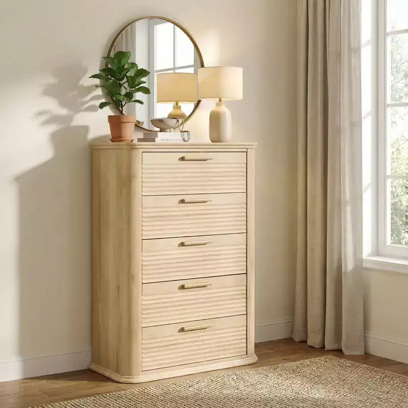 5 Drawers Dresser for Bedroom, 45 Tall Dresser with Curved Profile Design, Wood Fluted Chest of Drawer, Modern Drawer Storage Organizer for Bedroom