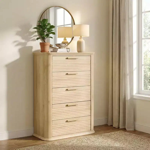 5 Drawers Dresser for Bedroom, 45 Tall Dresser with Curved Profile Design, Wood Fluted Chest of Drawer, Modern Drawer Storage Organizer for Bedroom