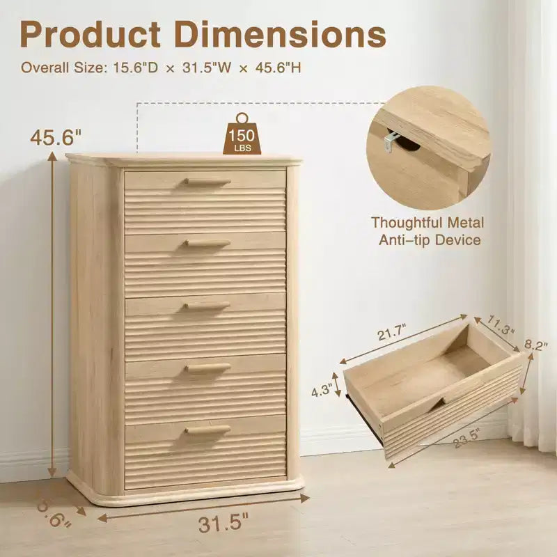 Commode de chambre à 5 tiroirs, commode haute de 45 pouces au profil incurvé, commode en bois cannelé, organiseur de rangement moderne pour chambre à coucher