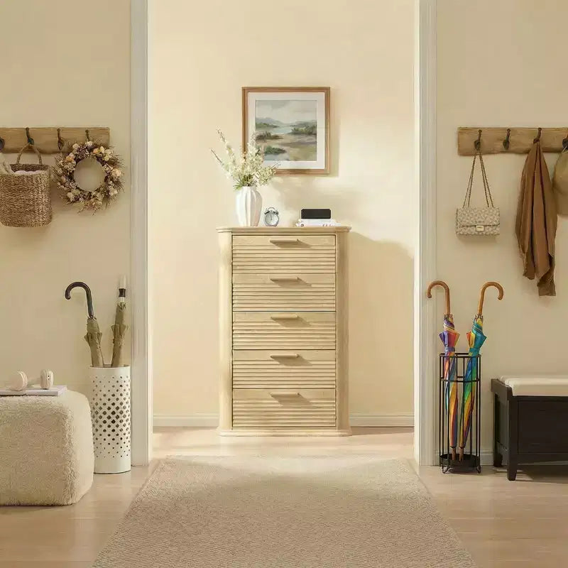 Commode de chambre à 5 tiroirs, commode haute de 45 pouces au profil incurvé, commode en bois cannelé, organiseur de rangement moderne pour chambre à coucher