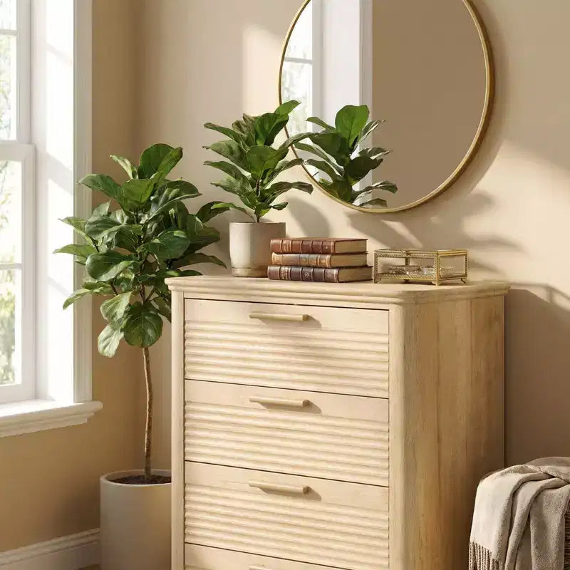 Commode de chambre à 5 tiroirs, commode haute de 45 pouces au profil incurvé, commode en bois cannelé, organiseur de rangement moderne pour chambre à coucher