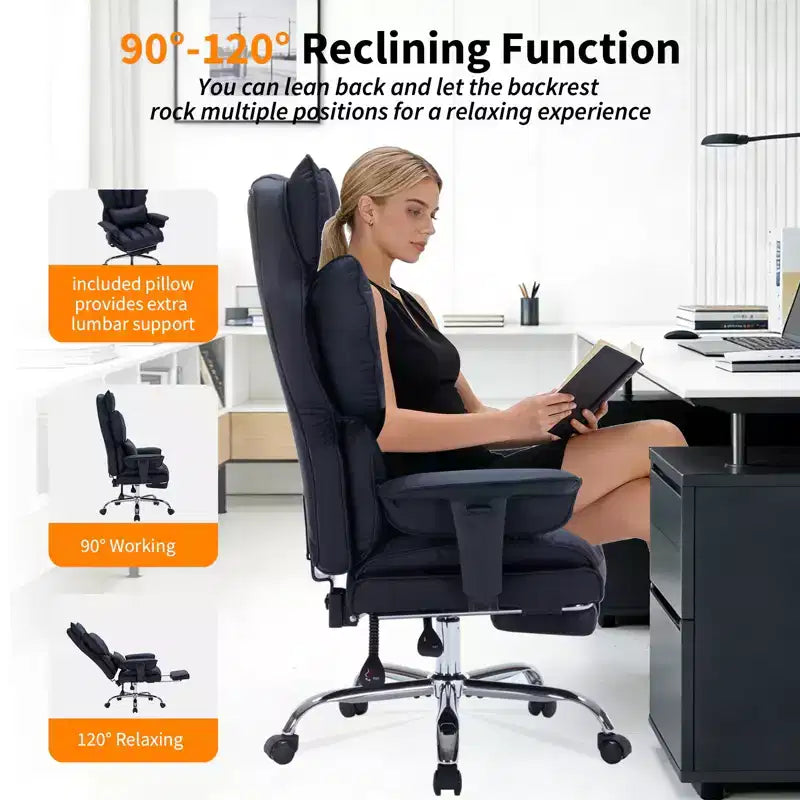 Fauteuil de bureau grande taille avec repose-pieds, Fauteuil de direction à dossier haut, Inclinaison à 155°, Coussin de soutien lombaire, Fauteuil de jeu en similicuir pour la maison