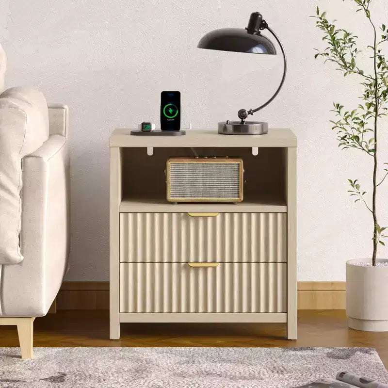 Modern Fluted Bedside Table with Charging Station 19.7 Inch Nightstand 2 Wood Slide Drawers Open Shelf Metal Handle Wood Legs Bedroom End Table Decor