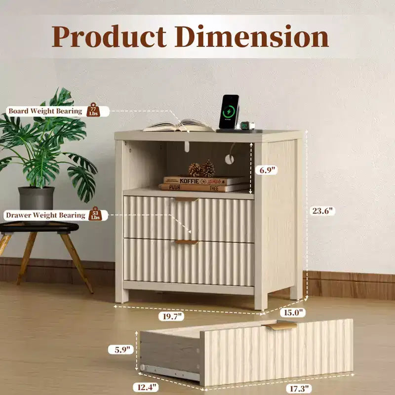 Table de chevet cannelée moderne avec station de charge, table de nuit de 50 cm, 2 tiroirs coulissants en bois, étagère ouverte, poignée en métal, pieds en bois, table d'appoint de chambre à coucher.