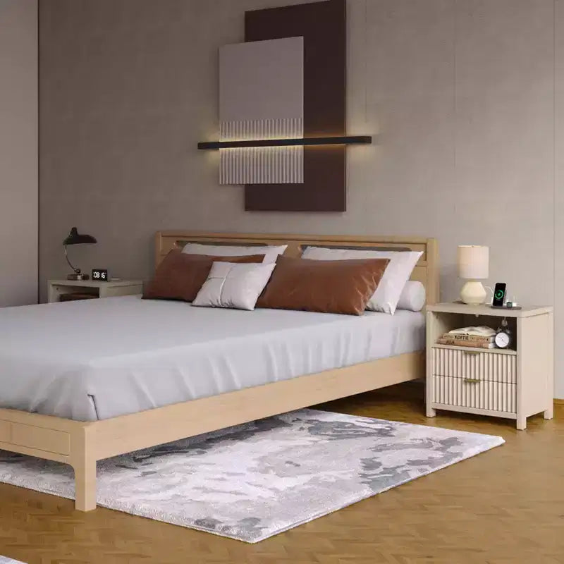 Table de chevet cannelée moderne avec station de charge, table de nuit de 50 cm, 2 tiroirs coulissants en bois, étagère ouverte, poignée en métal, pieds en bois, table d'appoint de chambre à coucher.